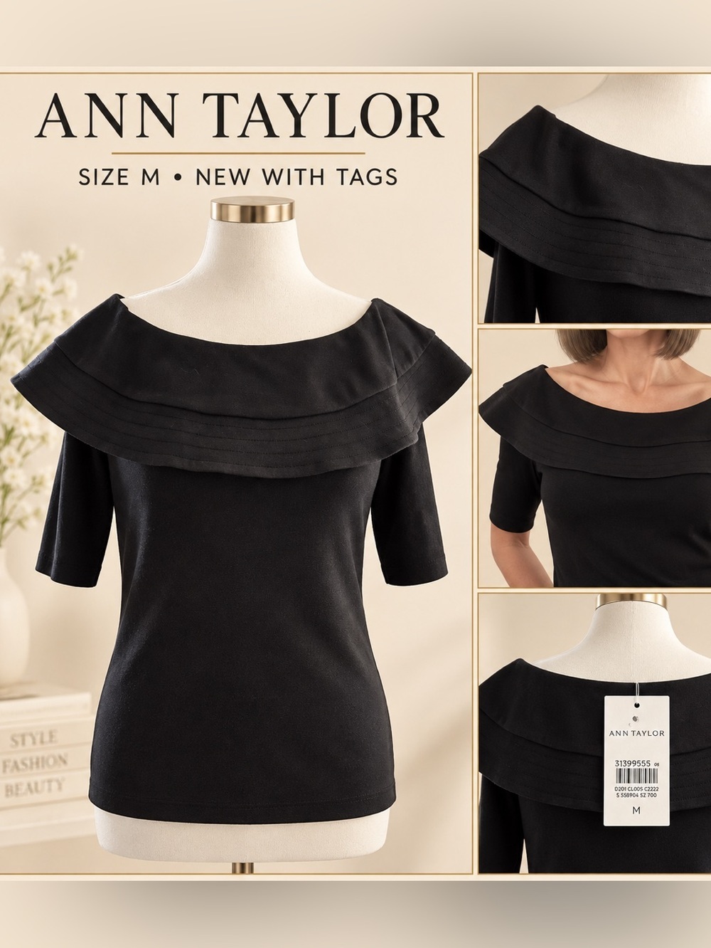 NWT Ann Taylor Black Ruffle Portrait Neck Top Blouse Size Medium